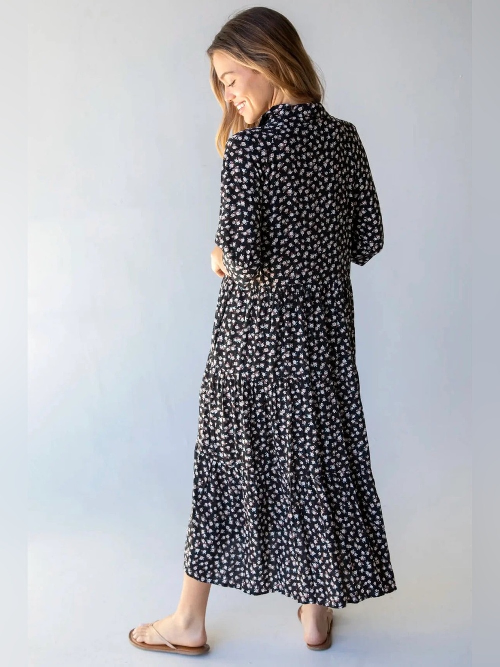 Natural Life Rebecca Midi Dress Floral Black With Cream Roses - Picture 6 of 14